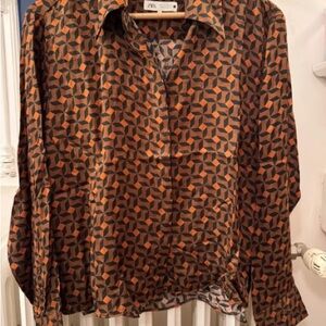 Zara Men's Casual Shirt - Black and Orange Pattern